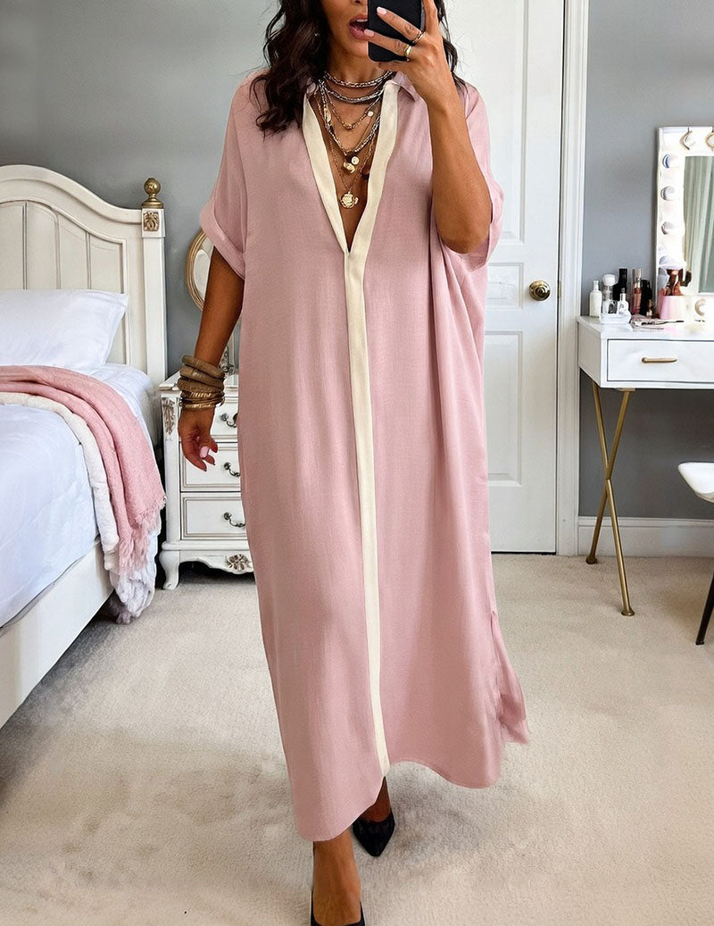 🌷🌷Oversized Button Down Shirt Dress Casual Collared Contrast Dress
