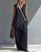 🌷🌷Boho Relaxed Fit Contrast Color Slant Placket Matching Sets