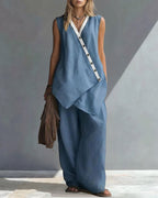 🌷🌷Boho Relaxed Fit Contrast Color Slant Placket Matching Sets