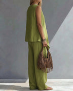 🌷🌷Boho Relaxed Fit Contrast Color Slant Placket Matching Sets