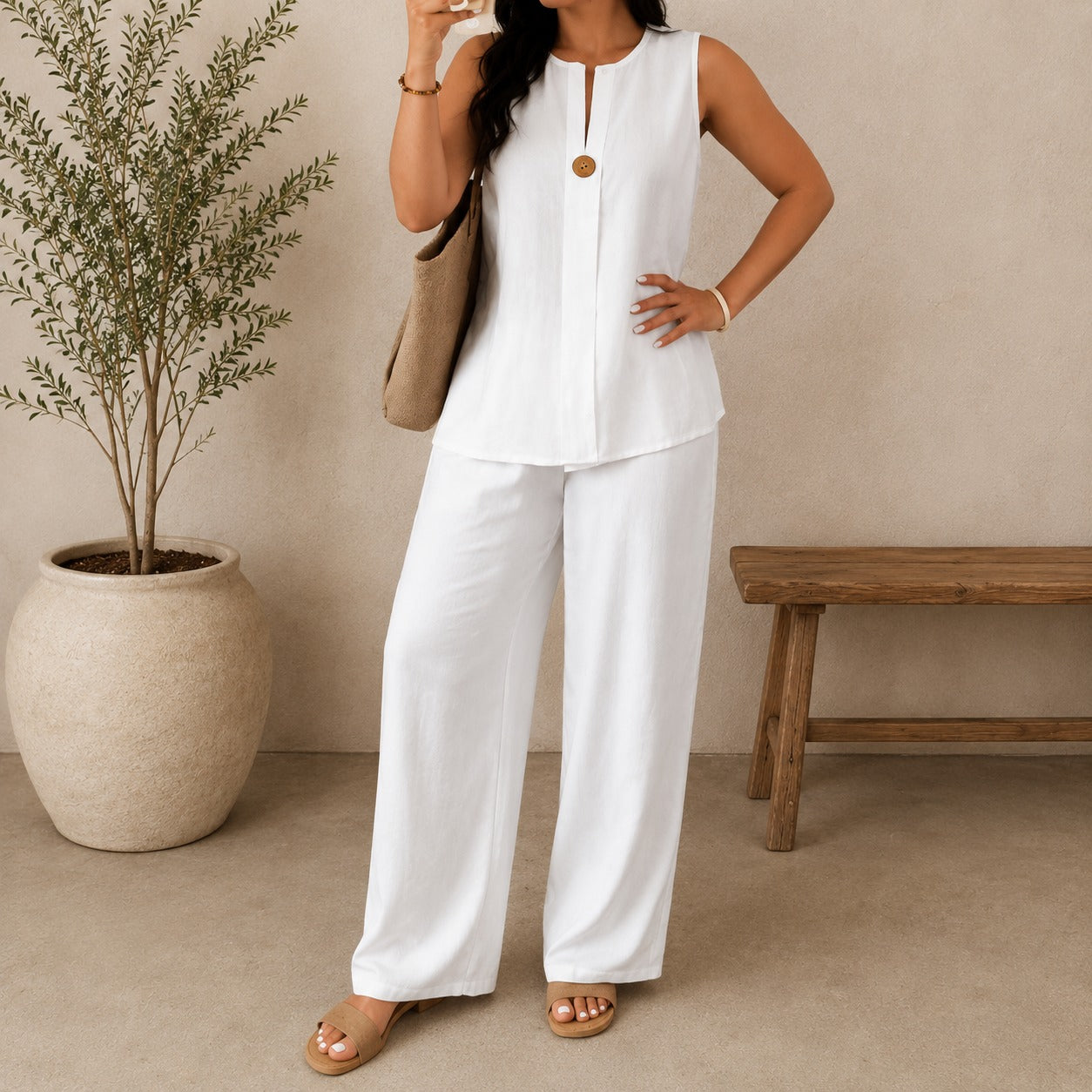 💝💝Set with Front Keyhole Neckline Top and Palazzo Pants