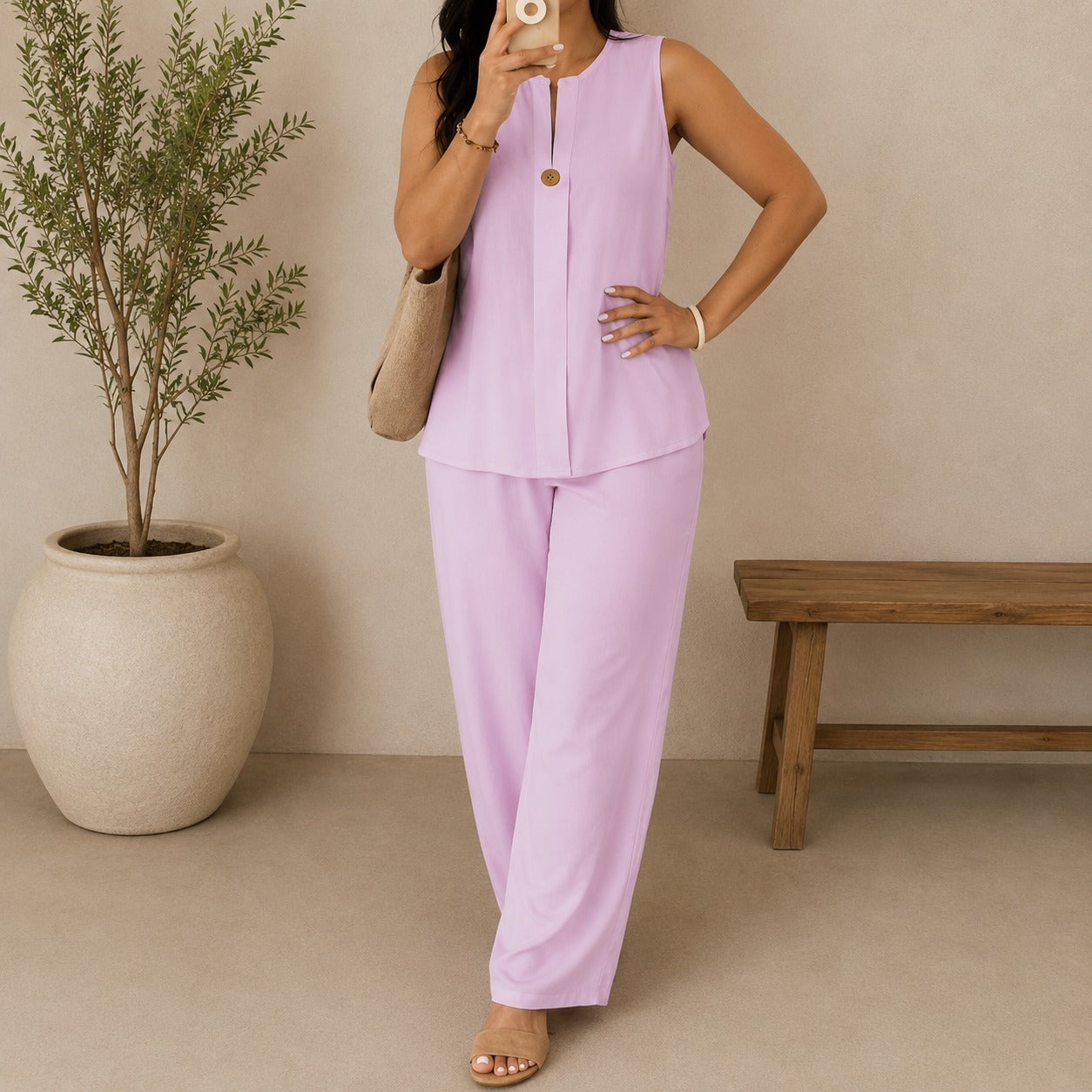 💝💝Set with Front Keyhole Neckline Top and Palazzo Pants