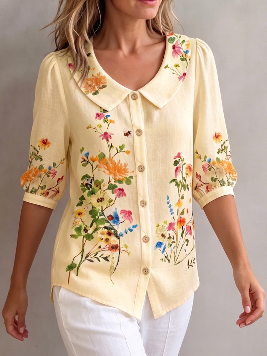 💝💝Cotton and linen shirt with artistic color blocks and lines