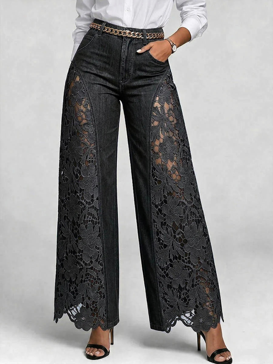 🌷Pantalones vaqueros de mujer de talle alto y pierna ancha con inserciones de encaje y bolsillos