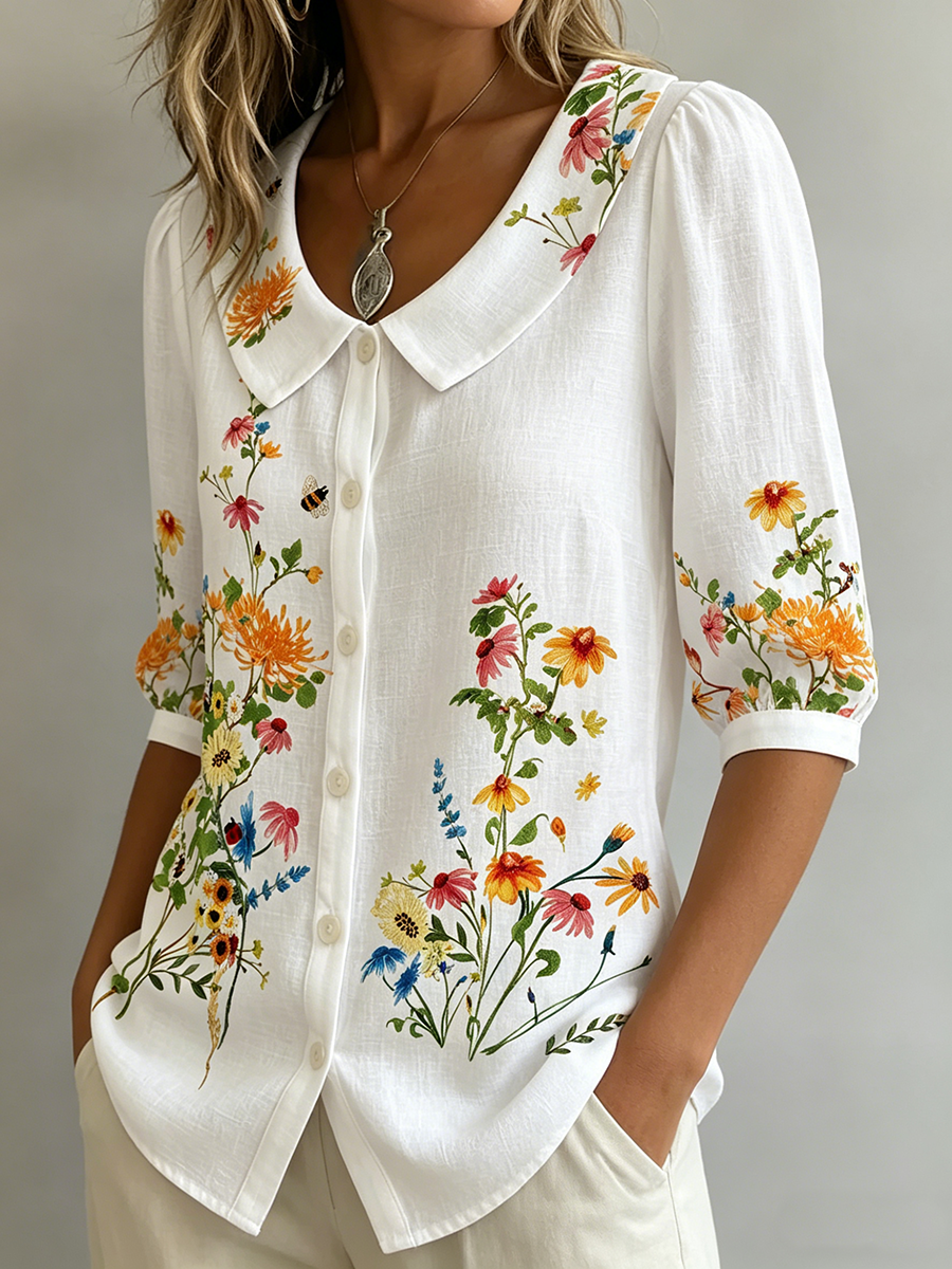 💝💝Cotton and linen shirt with artistic color blocks and lines