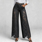 🌷Pantalones vaqueros de mujer de talle alto y pierna ancha con inserciones de encaje y bolsillos