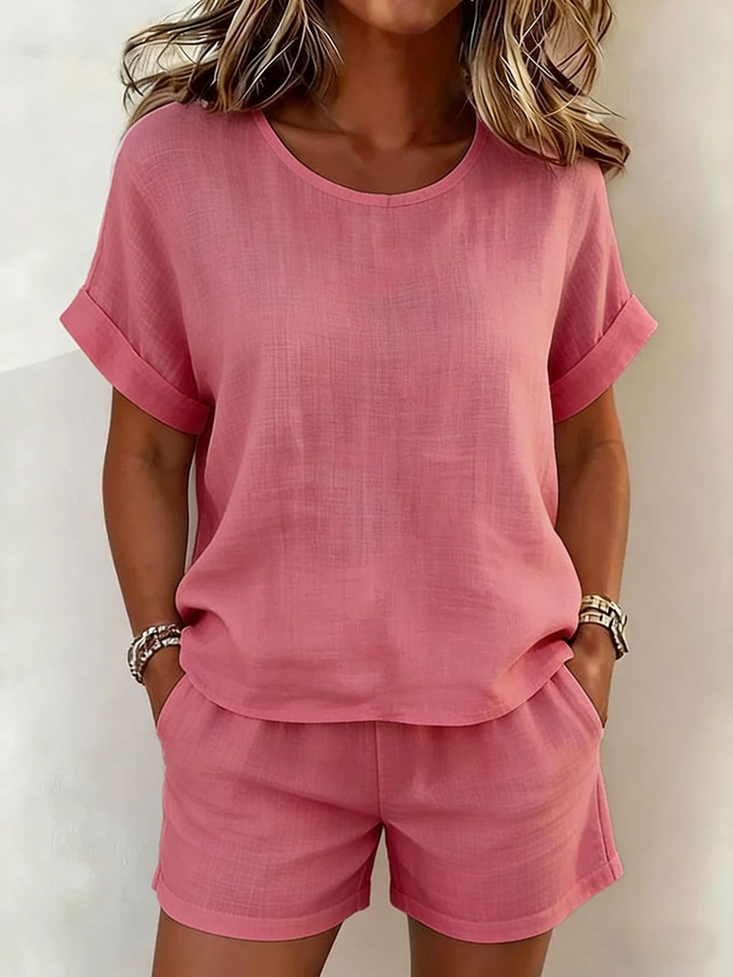 🌷Solid-Color T-Shirt & Shorts Set – Cotton Linen, 10 Colors