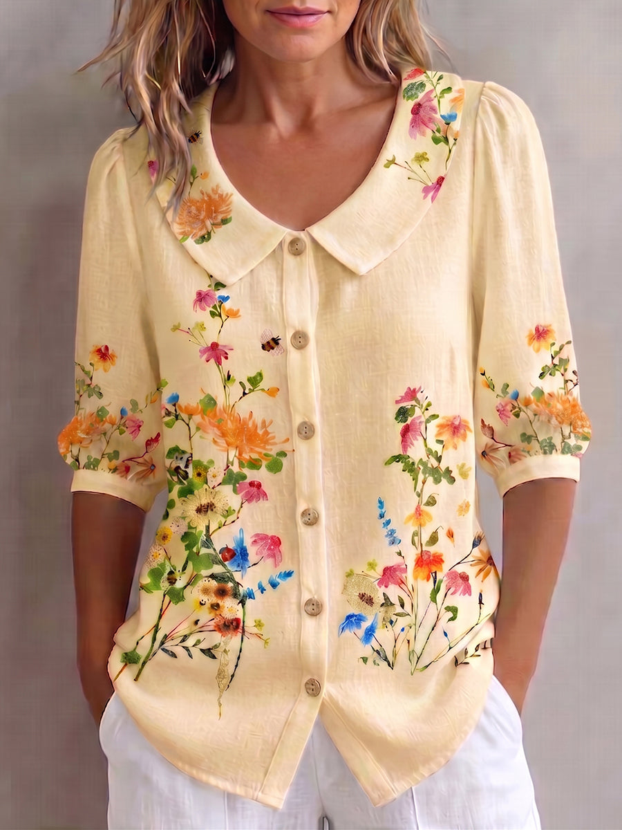 💝💝Cotton and linen shirt with artistic color blocks and lines