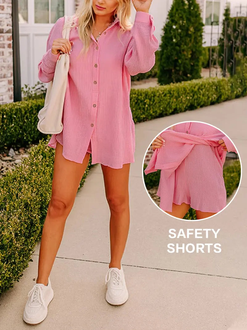 🌿🌿Limited time sale🔥Women's Gauze Button Long-Sleeved and Shorts Set