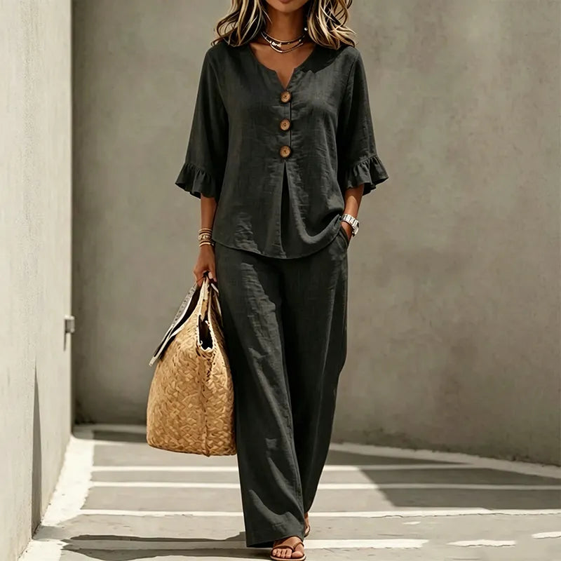 💝💝Women's ruffled sleeve top and wide leg pants set
