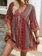 🌷🌷Lace Trim Printed V-Neck 3/4 Sleeve Dress(S-5XL)