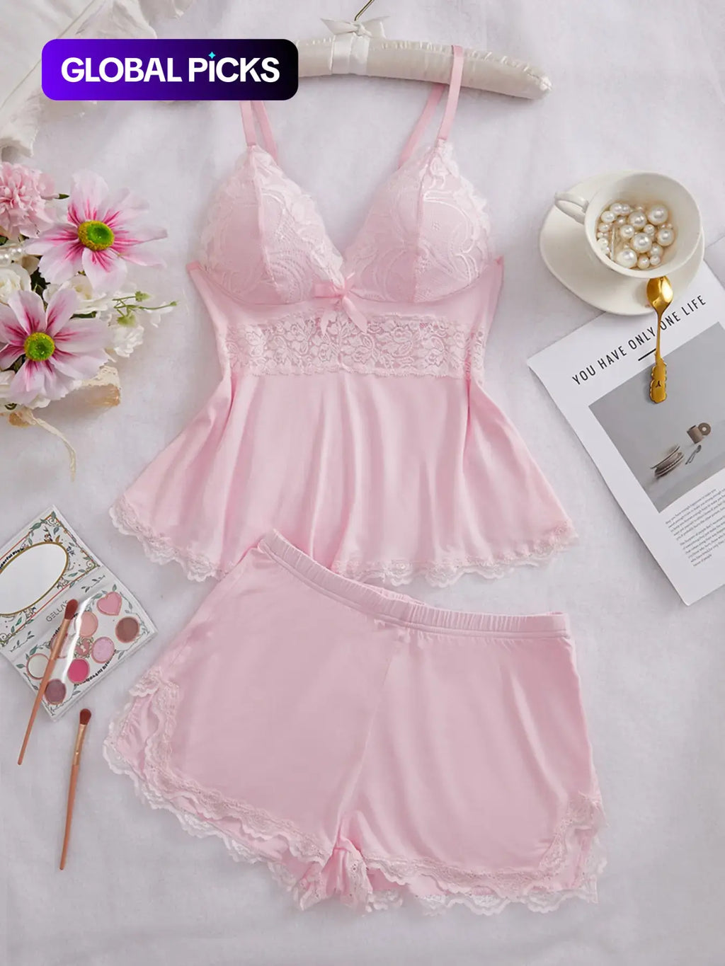 🌸 Women's Lace Trim PJ Set 🎉 Great Discount Now