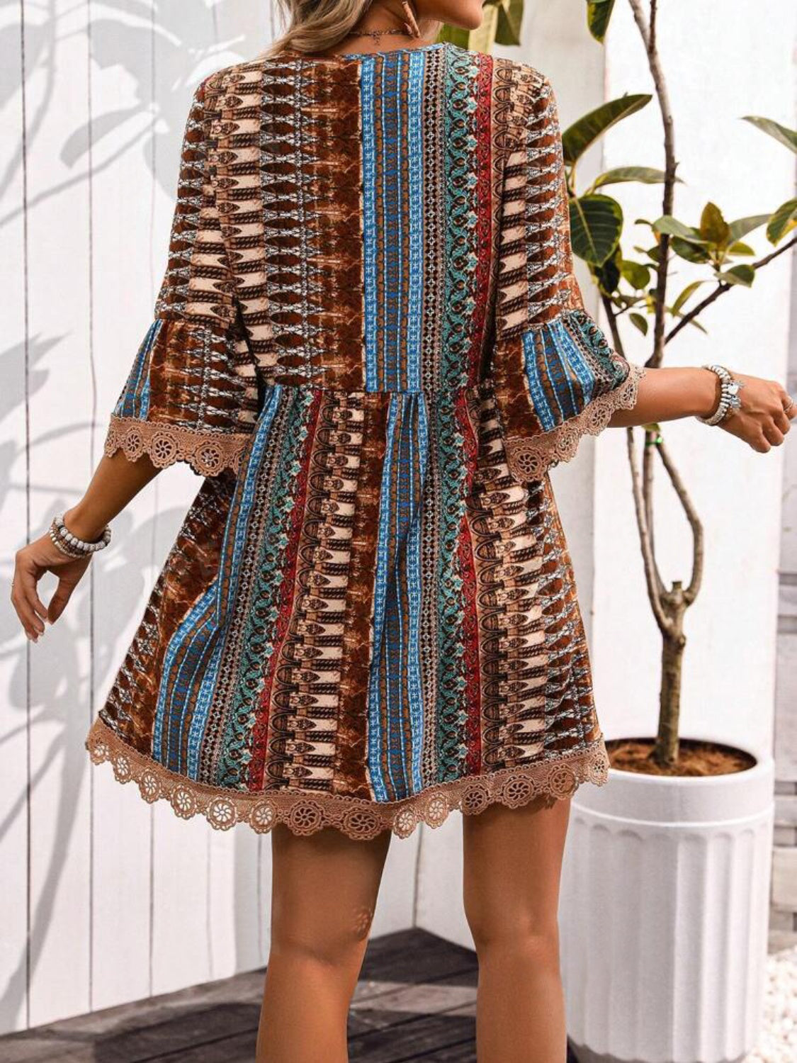 🌷🌷Lace Trim Printed V-Neck 3/4 Sleeve Dress(S-5XL)
