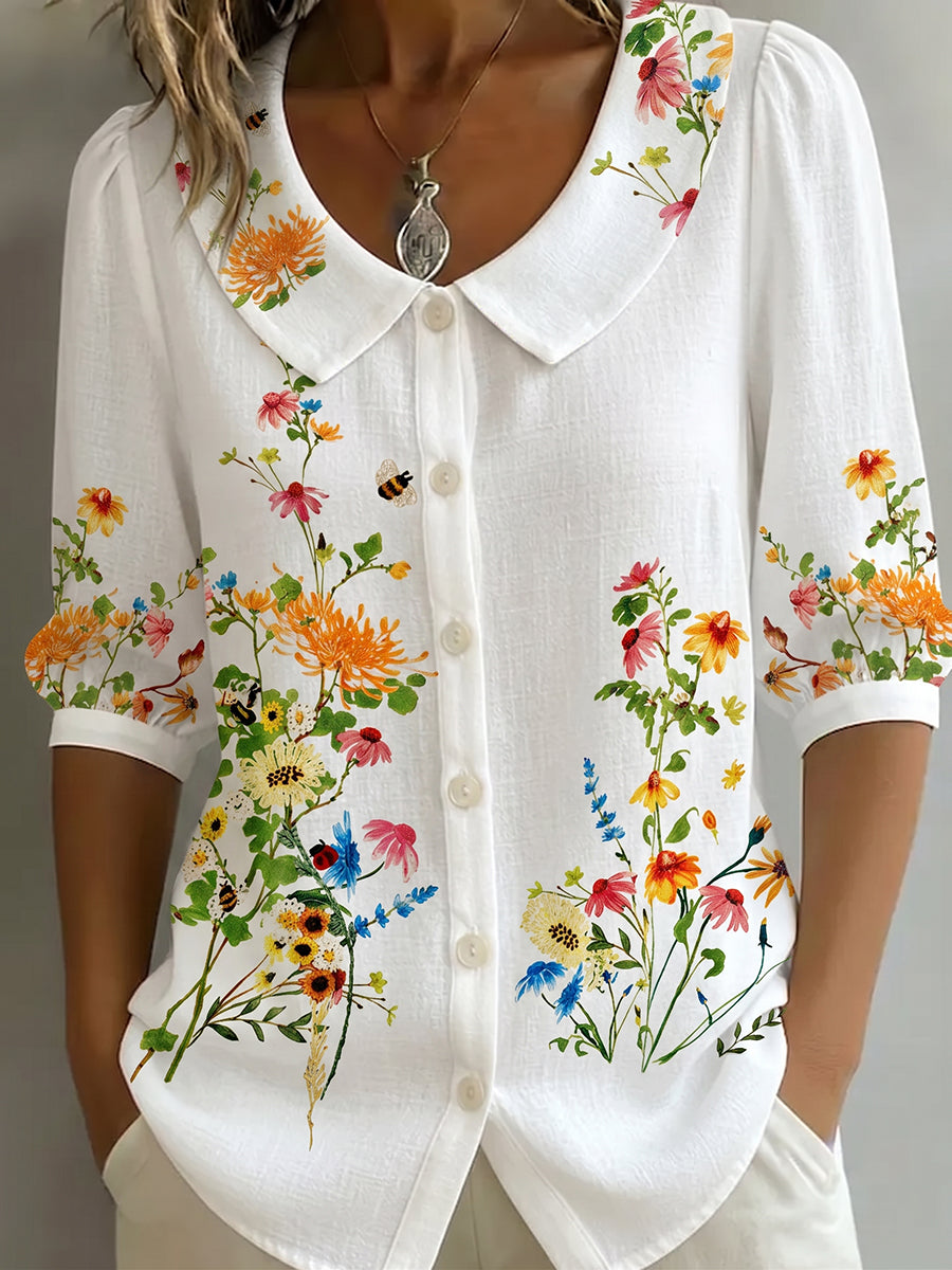 💝💝Cotton and linen shirt with artistic color blocks and lines