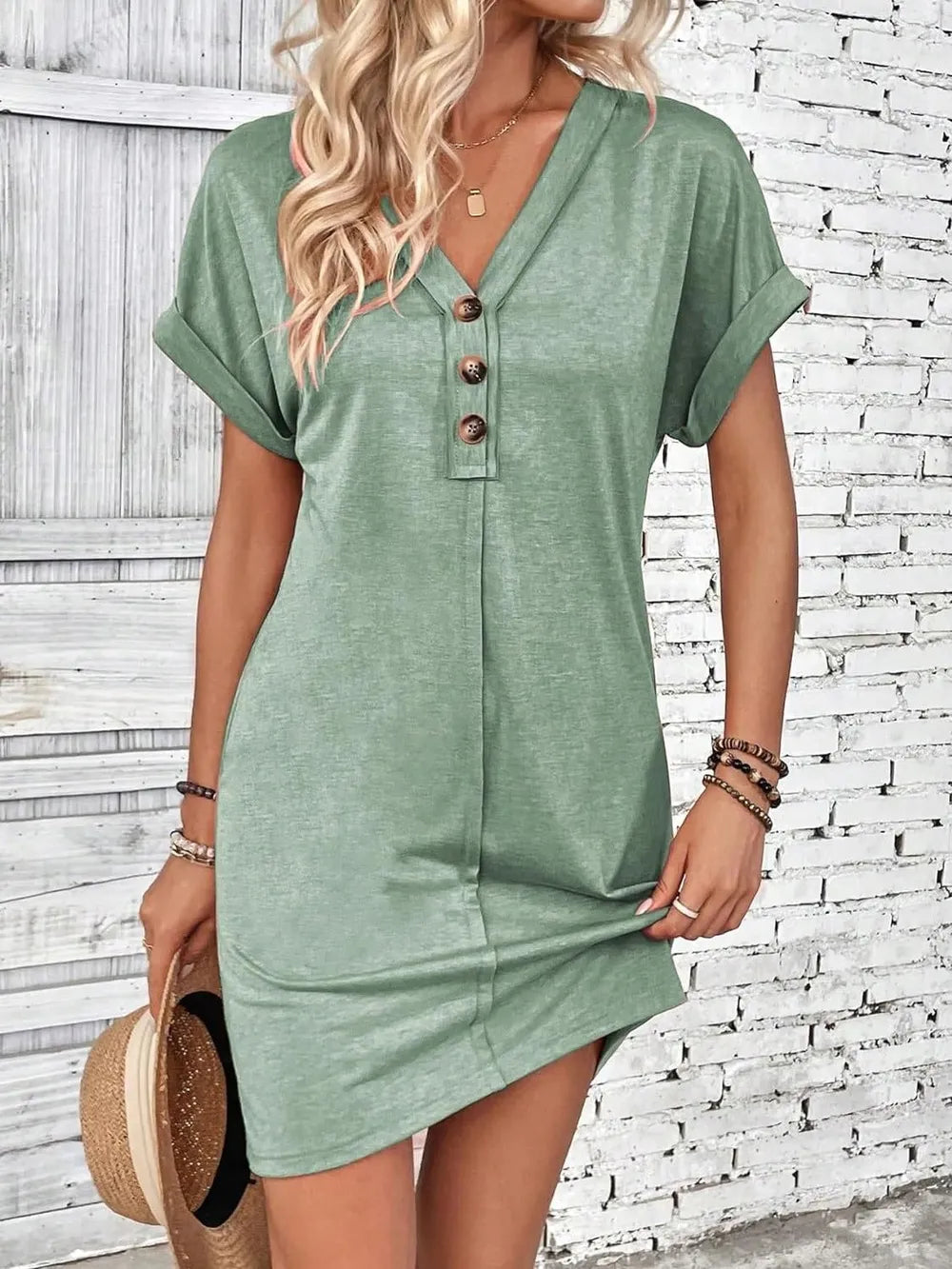 🌷🌷Francesca Quarter Button V-Neck Short Sleeve Dress