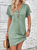 🌷🌷Francesca Quarter Button V-Neck Short Sleeve Dress
