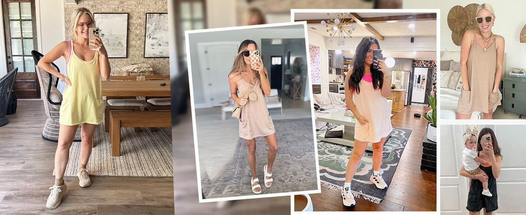 💝💝 Women's Summer Sleeveless Mini Dress with Built-in Shorts V Neck Spaghetti Straps Athletic Shorts Tennis Dress with Pockets