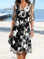 🌷🌷50% OFF NOW! ✨ Women's Floral A-Line Party Dress – Double-Layer Chiffon, Elegant Print & Knee-Length Fit 👗
