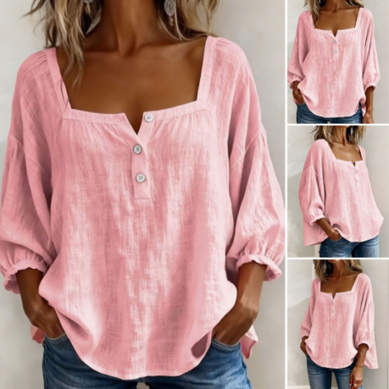 🌿🌿Pink Square-Neck Half-Button Shirt