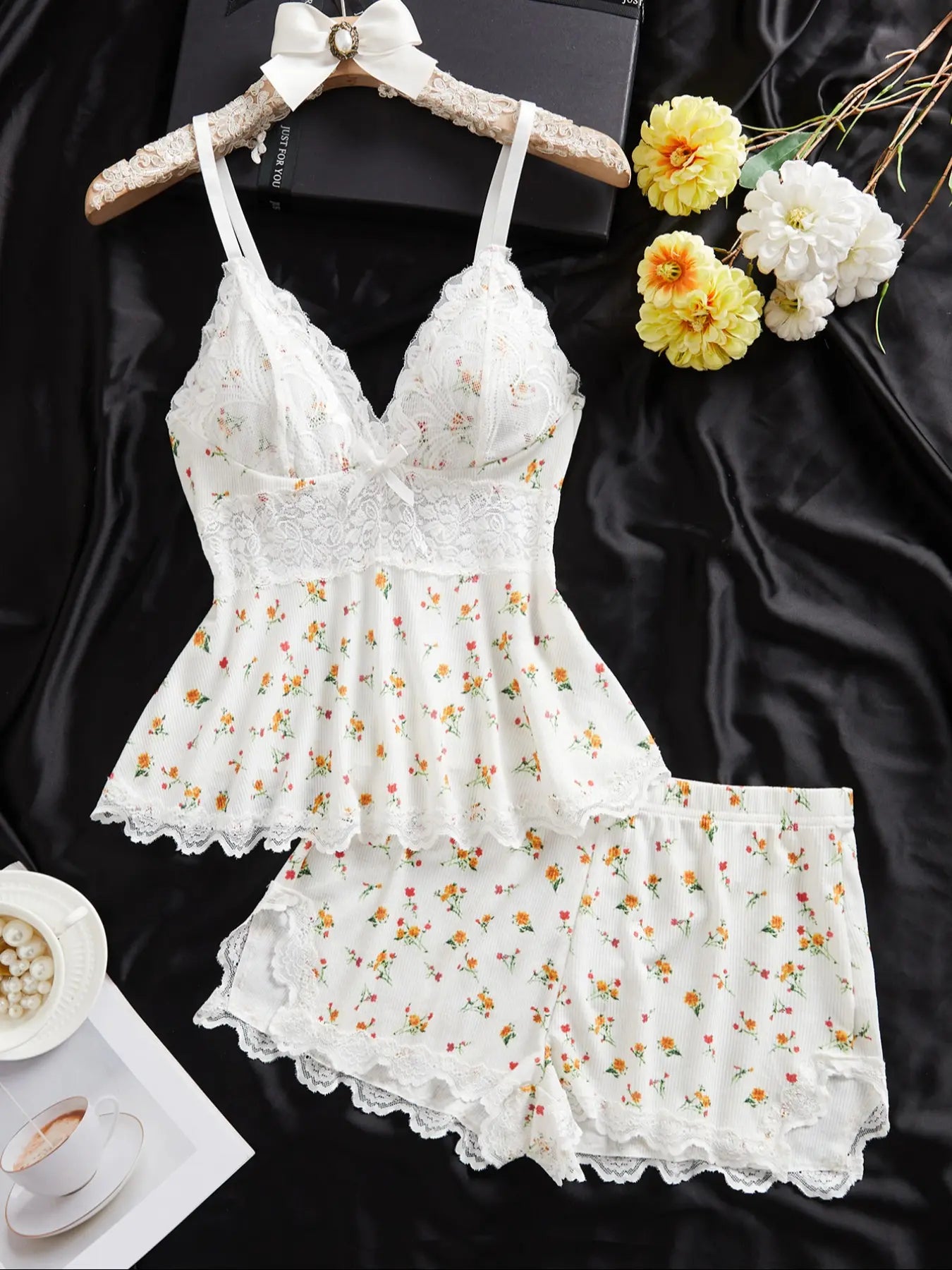 🌸 Women's Lace Trim PJ Set 🎉 Great Discount Now