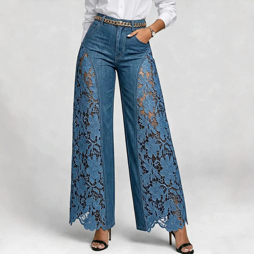 🌷Pantalones vaqueros de mujer de talle alto y pierna ancha con inserciones de encaje y bolsillos