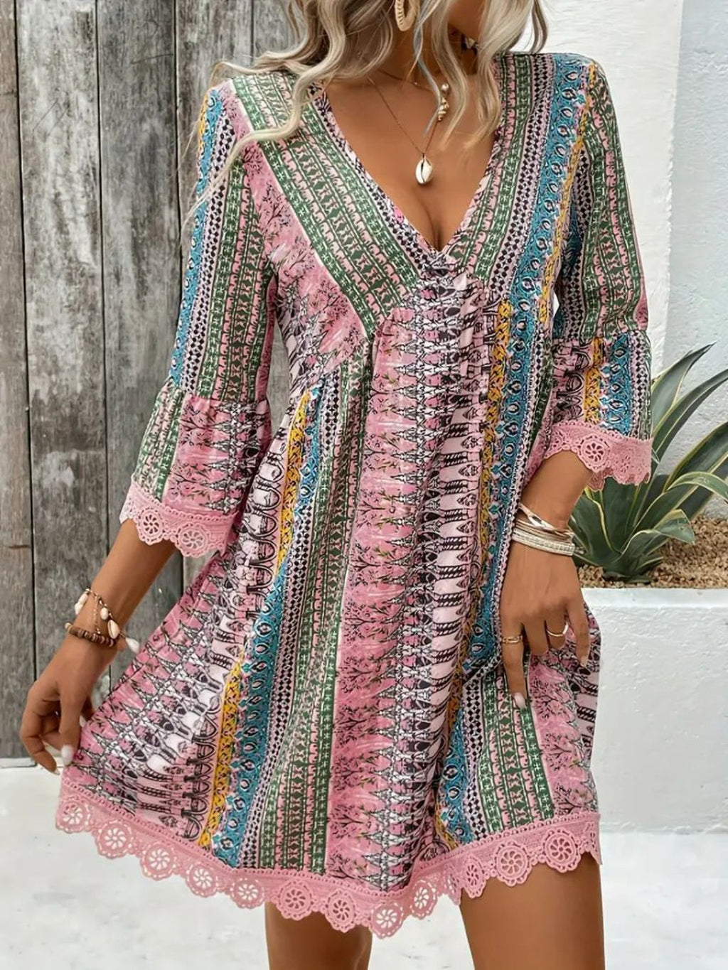 🌷🌷Lace Trim Printed V-Neck 3/4 Sleeve Dress(S-5XL)