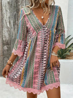 🌷🌷Lace Trim Printed V-Neck 3/4 Sleeve Dress(S-5XL)