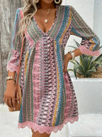 🌷🌷Lace Trim Printed V-Neck 3/4 Sleeve Dress(S-5XL)