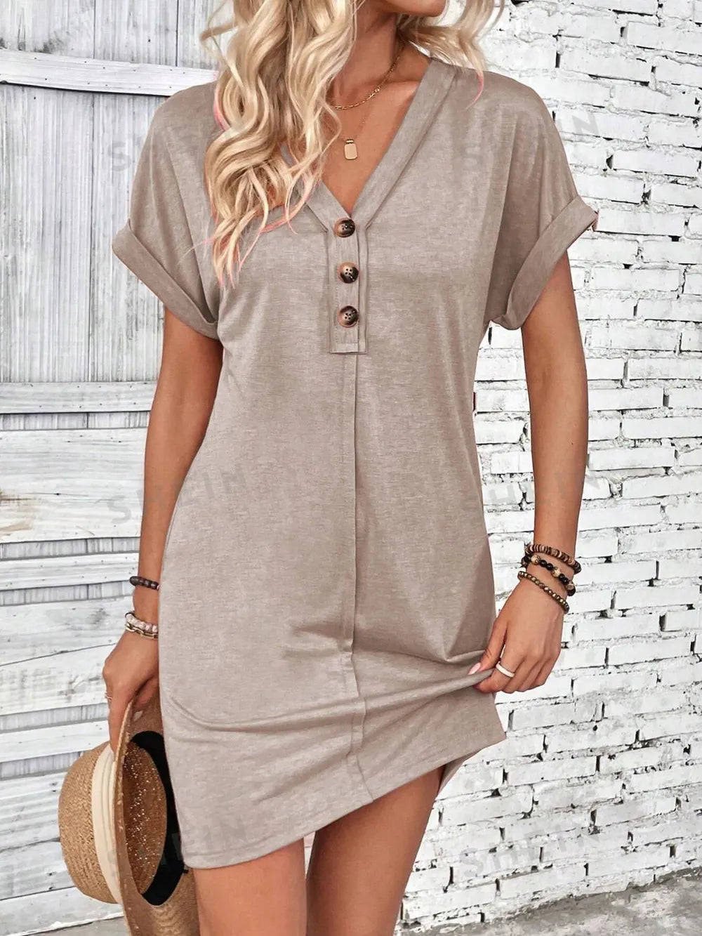 🌷🌷Francesca Quarter Button V-Neck Short Sleeve Dress