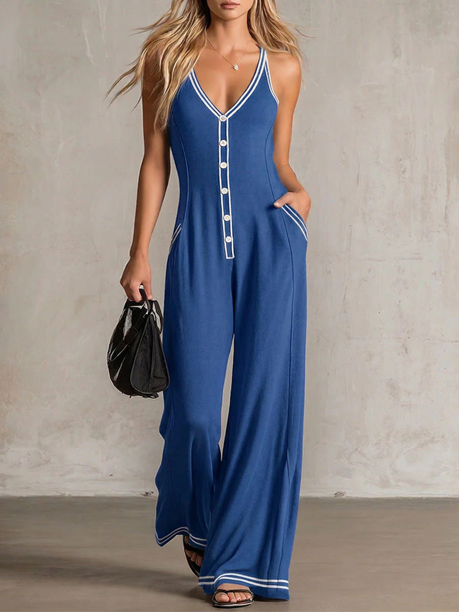 🌷Women's V-Neck Backless Wide-Leg Jumpsuit – High Waist Casual