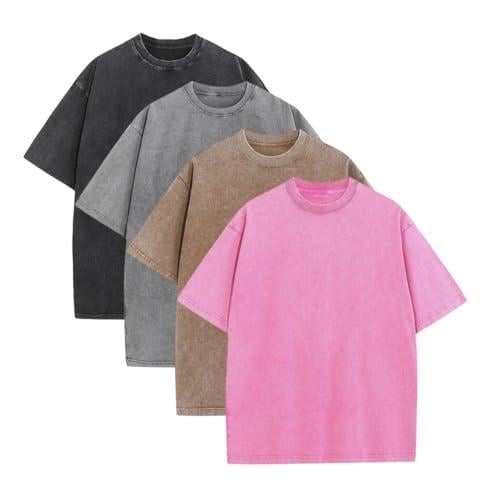 💚💚4 Pack Oversized Tshirts for Men Gym Vintage Heavyweight T Shirts Cotton Workout Acid Wash Baggy Tees