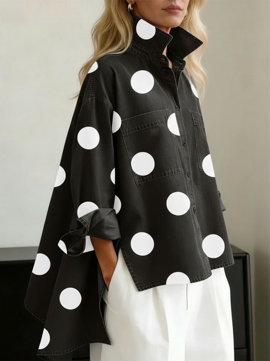 📦📦LAST DAY SAVE 49% ⏰Elegant Artistic Polka Dot Print Stand-collar Denim Top