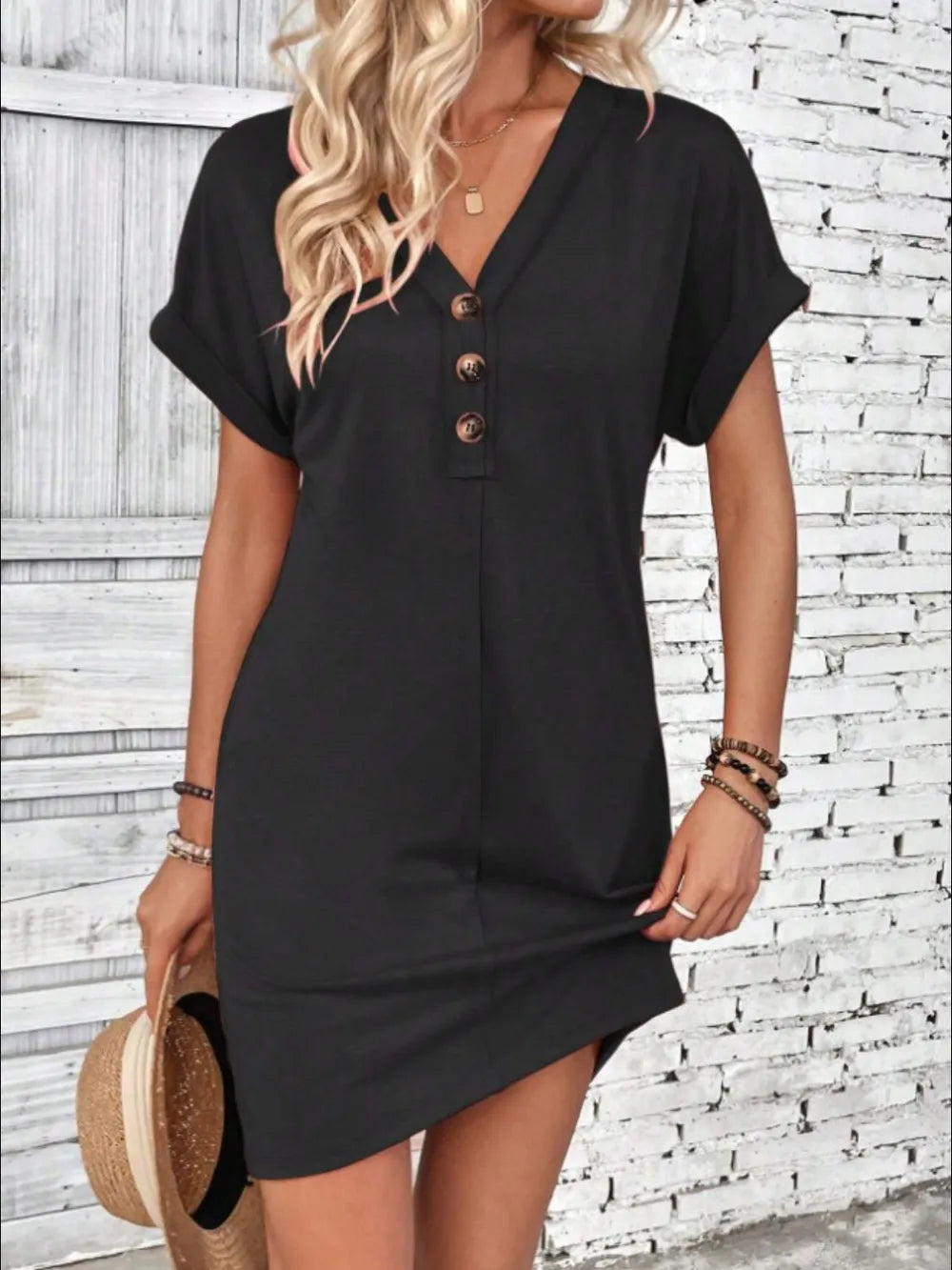 🌷🌷Francesca Quarter Button V-Neck Short Sleeve Dress