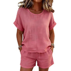 🌷Solid-Color T-Shirt & Shorts Set – Cotton Linen, 10 Colors