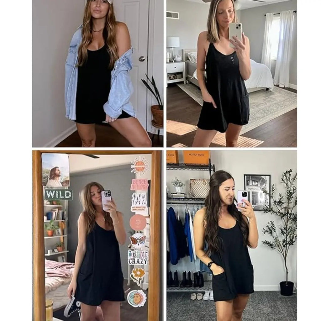 💝💝 Women's Summer Sleeveless Mini Dress with Built-in Shorts V Neck Spaghetti Straps Athletic Shorts Tennis Dress with Pockets