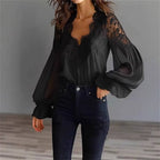 💝💝Lace-trimmed puff-sleeve pleated shirt Lace Patchwork V-Neck Blouse