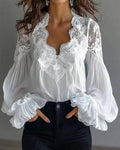 💝💝Lace-trimmed puff-sleeve pleated shirt Lace Patchwork V-Neck Blouse