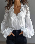 💝💝Lace-trimmed puff-sleeve pleated shirt Lace Patchwork V-Neck Blouse