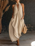 🌿🌿Limited time sale🔥Women's Halter Neck Deep V Maxi Dress with Pockets