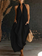 🌿🌿Limited time sale🔥Women's Halter Neck Deep V Maxi Dress with Pockets