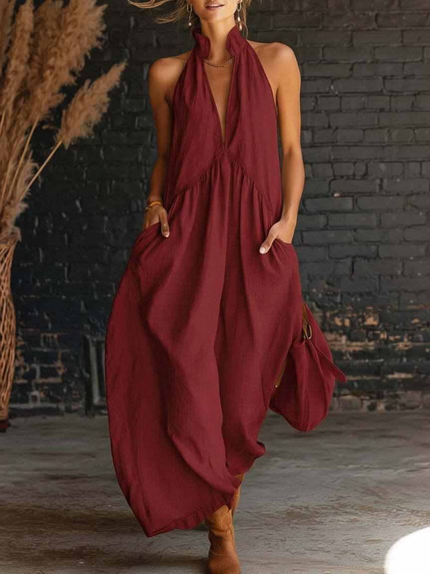 🌿🌿Limited time sale🔥Women's Halter Neck Deep V Maxi Dress with Pockets