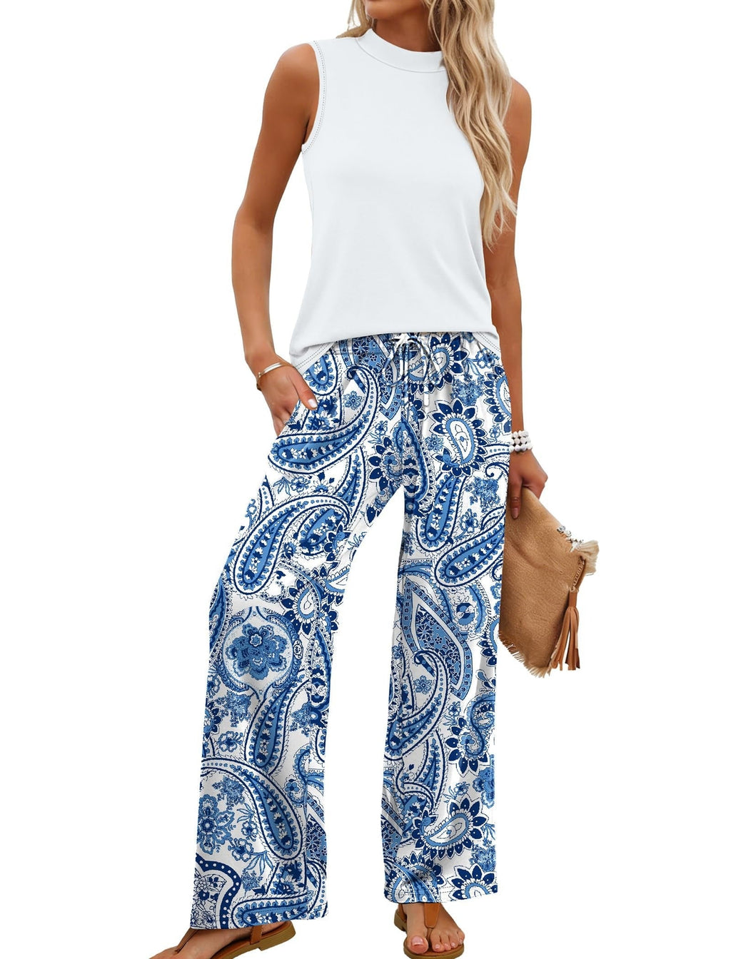 🌿🌿LAST DAY SAVE 49% ⏰Women's Mock Neck Tank & Printed Wide Leg Pants Set
