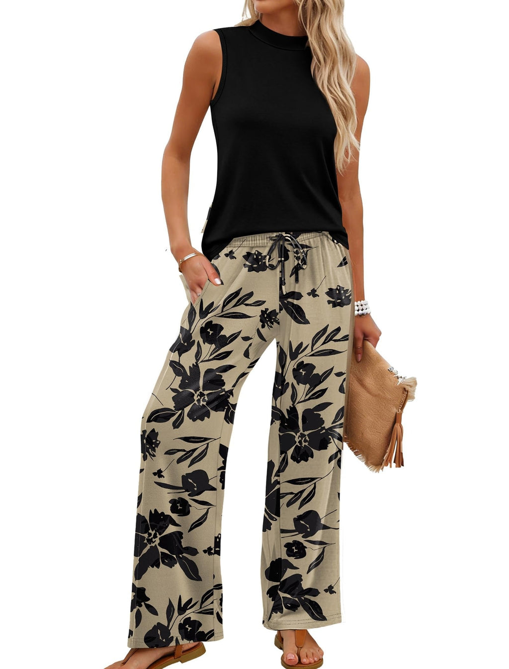 🌿🌿LAST DAY SAVE 49% ⏰Women's Mock Neck Tank & Printed Wide Leg Pants Set