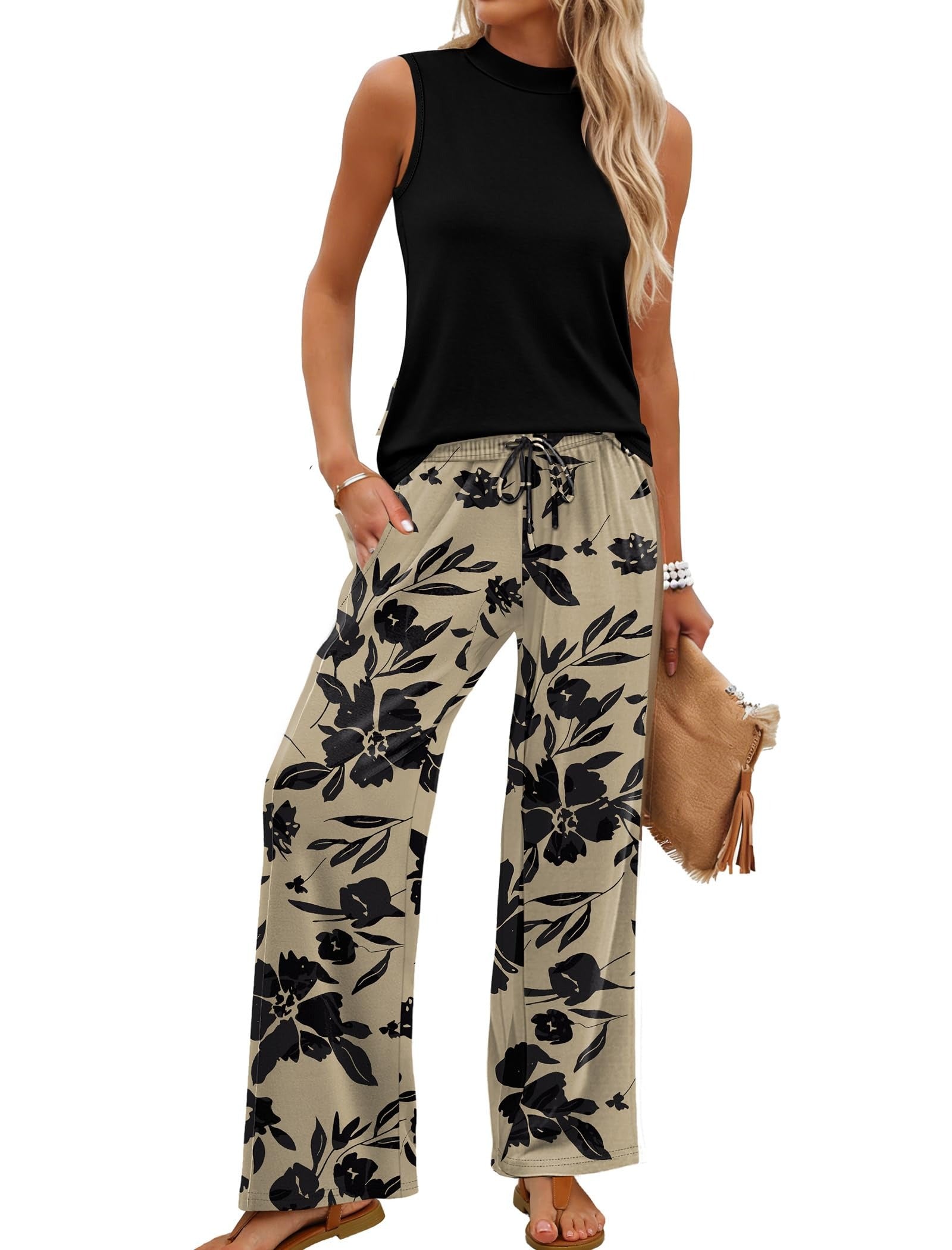 🌿🌿LAST DAY SAVE 49% ⏰Women's Mock Neck Tank & Printed Wide Leg Pants Set