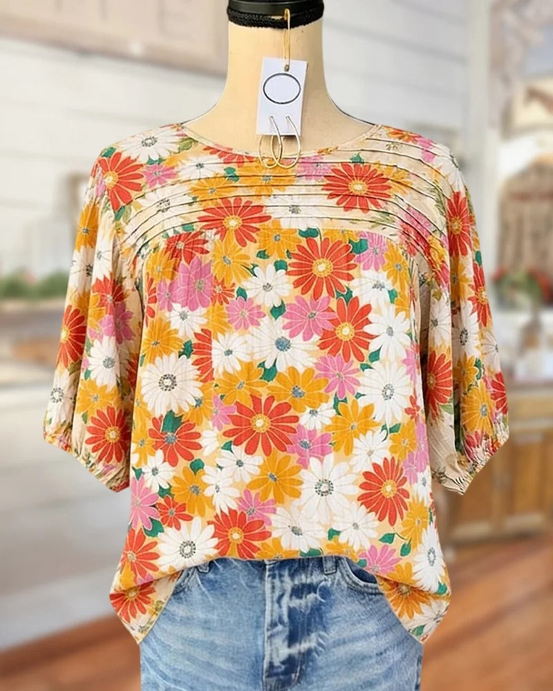 🌿🌿Hot Sale 50% OFF Applique & Floral Print Pleated Detail Rocking Blouse