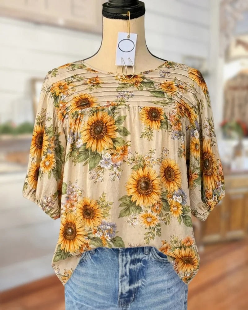 🌿🌿Hot Sale 50% OFF Applique & Floral Print Pleated Detail Rocking Blouse