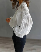 💝💝Lace-trimmed puff-sleeve pleated shirt Lace Patchwork V-Neck Blouse