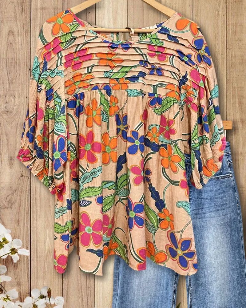 🌿🌿Hot Sale 50% OFF Applique & Floral Print Pleated Detail Rocking Blouse