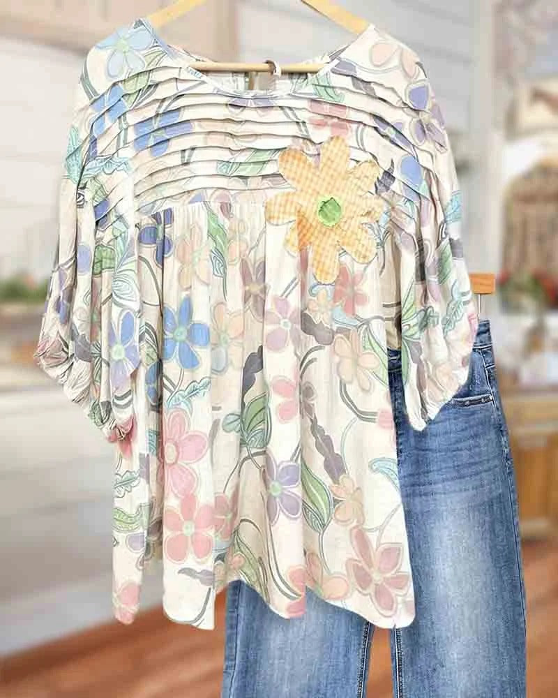 🌿🌿Hot Sale 50% OFF Applique & Floral Print Pleated Detail Rocking Blouse