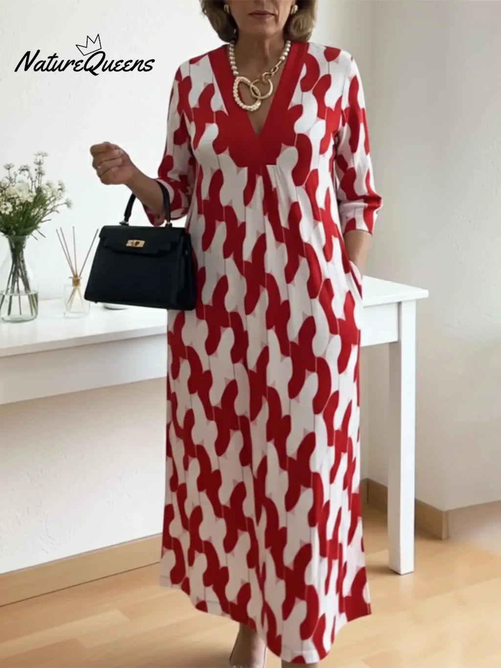 🌷Elegant Art Print Color Block Trim V-neck Midi Dress